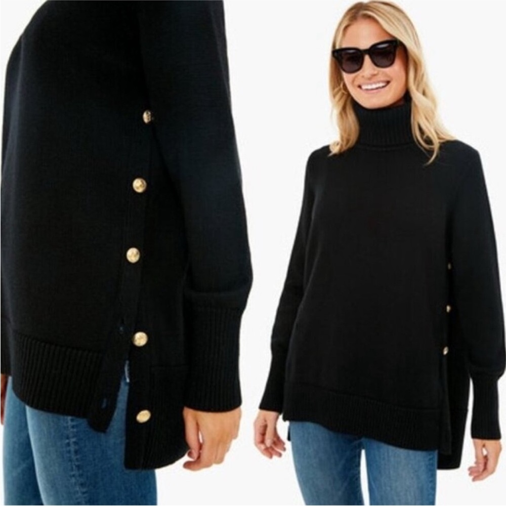 Tuckernuck Black Wool Turtleneck Sweater with Gold Buttons